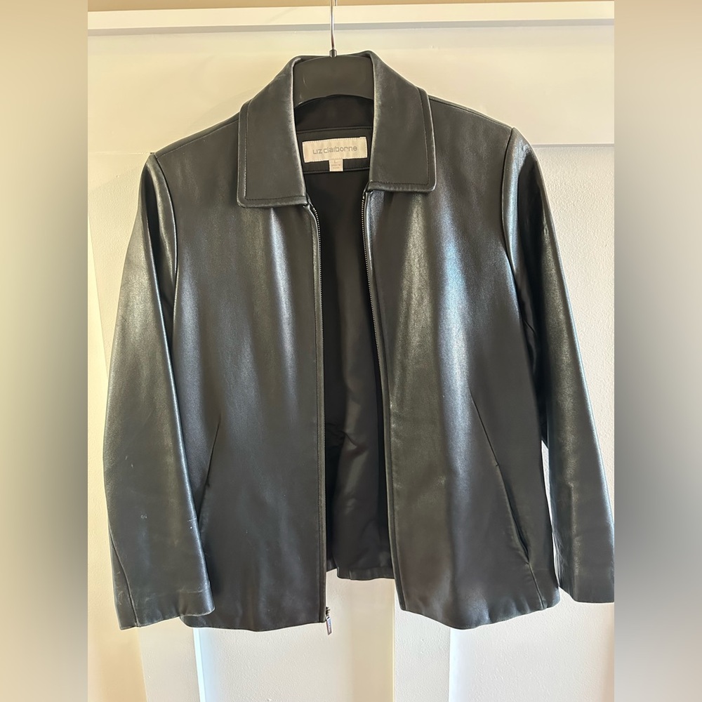 Liz Claiborne Black Leather Jacket Tailored Fit Zip-Up